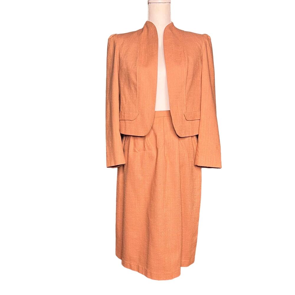 Vintage 70s Pale Peach Dress Suit Size Small Career Skirt Jacket Puff Shoulders